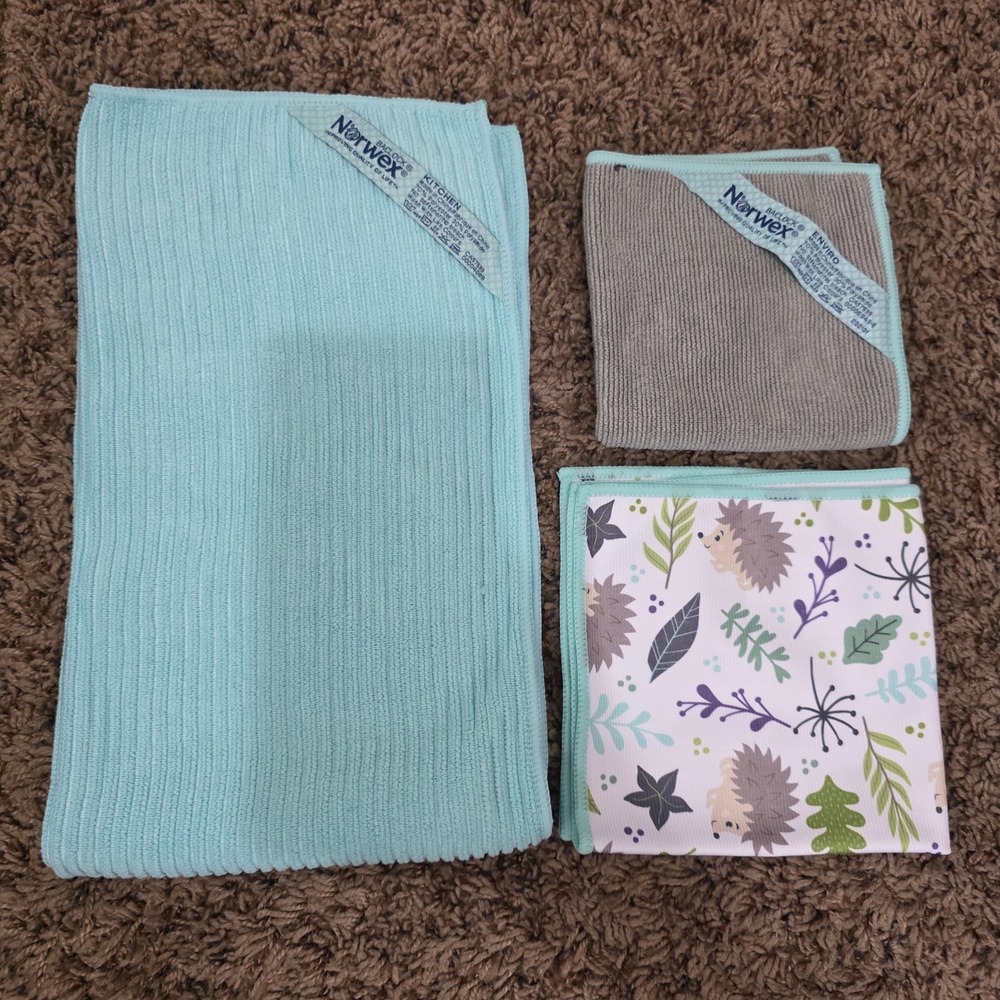 Norwex 3pc Set Ribbed Kitchen Towel Teal Gray EnviroCloth Hedgehog Window Cloth